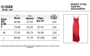 Size chart detail for satin split dress including bust, waist, and hip measurements in cm