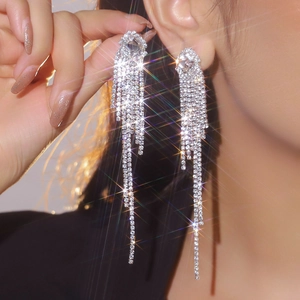 Sparkling Rhinestone Long Tassel Dangle Earrings For Women Luxury Copper Jewelry With Stainless Steel Earring Post