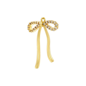 Elegant gold bow pendant with sparkling crystals and long tassels on white background