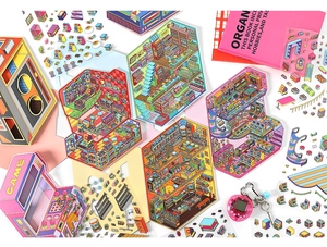 Macro shot of retro pixel-style 3D house stickers and a pink heart electronic pet keychain