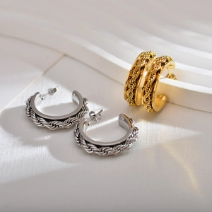 Fashion Stainless Steel Twisted Hoop Earrings For Women Rhinestone Embellished C Shaped Geometric Circle Earrings Jewelry