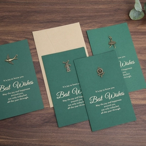 Vintage Green Greeting Card Set With Zinc Alloy Charm Bronzing Best Wishes Birthday Valentine Day Kraft Envelope