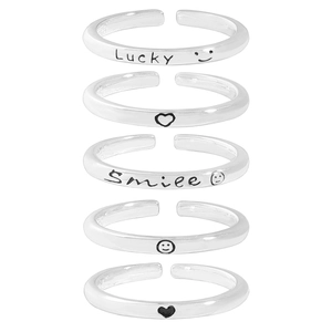 Set of 5 S925 sterling silver open rings featuring smile face and heart engravings