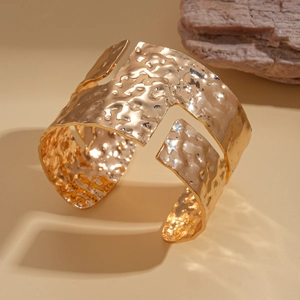 Minimalist irregular geometric gold cuff bracelet with hammered texture for women