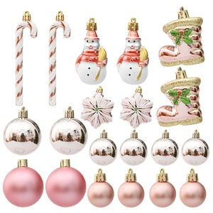 18-piece Christmas ornament set in pink white and gold with snowman and stars