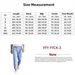 Size chart for men's linen beach pants showing length, waist, and hip measurements