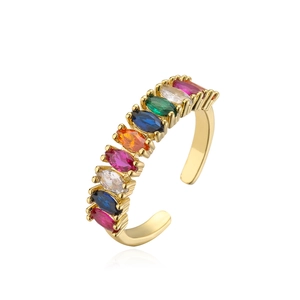 Gold-plated open ring featuring multi-color marquise-cut zircons at a 45-degree angle