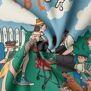 Détail du tissu de tapisserie de camping avec illustration de barbecue et texture fine