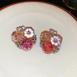Exquisite floral cluster earrings with pink gradient petals and sparkling crystals