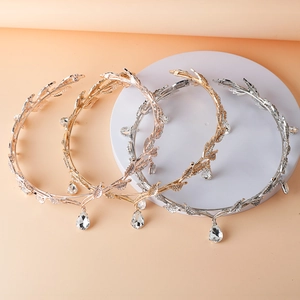 Bridal leaf tiaras in gold, silver and rose gold with teardrop crystal pendants