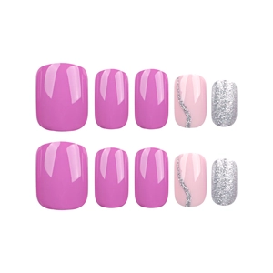 Short square press-on nails in purple and pink with silver glitter artistic designs