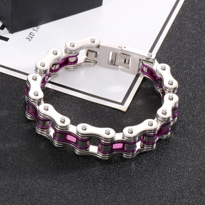 Detail of bike chain bracelet with purple inner links and stainless steel clasp