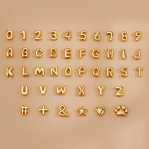Golden 18K brass bubble letter A-Z pendants with numbers and symbols for DIY jewelry