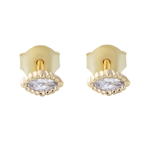 Minimalist gold marquise cubic zirconia stud earrings with micro beaded edging detail
