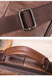 Detail shot of brown textured leather crossbody bag with metal ring and woven strap