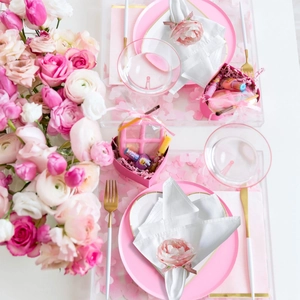Pink heart dinnerware set with floral napkin rings for Valentine's table decor