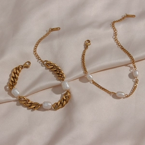 Gold stainless steel Cuban link bracelet with three pearls on elegant pink silk