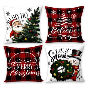 Set of 4 Christmas pillow covers with buffalo plaid trees, Santa, and snowman designs