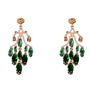 Elegant gold drop earrings with gradient emerald green crystals and diamond accents