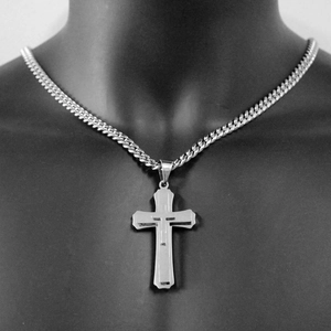 Men's double-layered cross pendant necklace with stainless steel Cuban chain on model