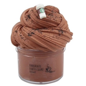 Chocolate fluffy slime kit with coffee charm in transparent jar on white background