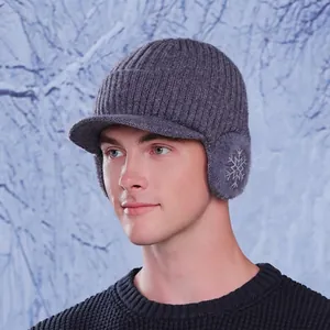 Men's winter knit baseball cap with ear flaps and snowflake design in dark grey