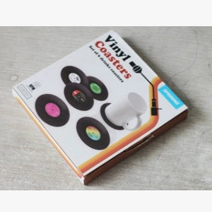 Set of 6 vintage vinyl record coasters in a creative retro CD styled gift box packaging