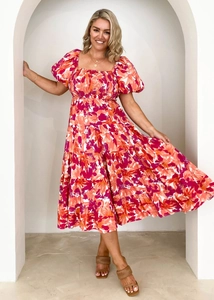 Close-up of floral print pattern and puff sleeve detail on women's summer midi dress