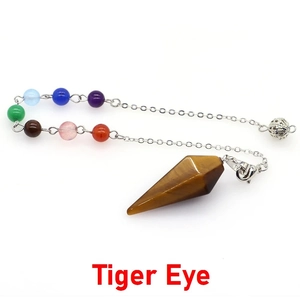 Tiger Eye hexagonal crystal pendulum with seven chakra beads on a silver metal chain