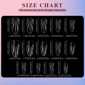 Size chart for long almond 3D almond press-on nails showing lengths and widths