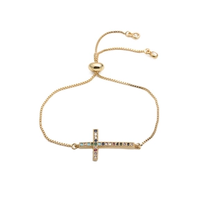 Bracelet croix réglable minimaliste avec zircons colorés en placage d'or fin