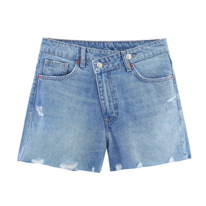 High waisted cross-over button light blue denim shorts with distressed ripped details