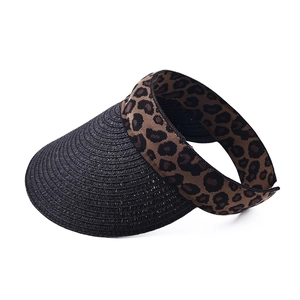 Detail of leopard print elastic headband and black woven straw visor on a sun hat