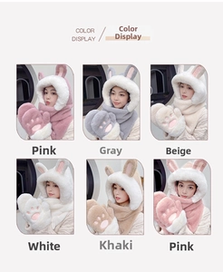 Winter plush hood scarf gloves 3-in-1 set in six colors with cat paw paw print