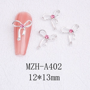 Detail of silver alloy bowknot nail charm with pink rhinestone, 12x13mm MZH-A402