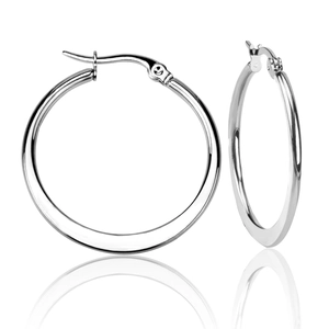 Polished silver stainless steel hoop earrings with clear reflection on white background