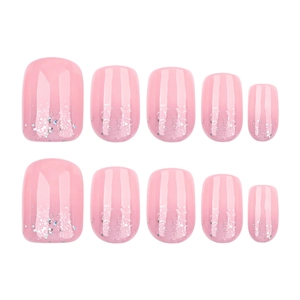 Short square press-on nails with light pink gradient and silver glitter accents