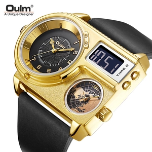 Oulm oversized gold case watch with dual time zones and black silicone strap
