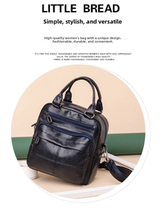 Detail of black faux leather backpack with multiple blue zippers and adjustable straps