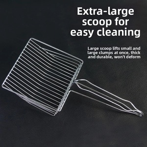 Detail of a heavy-duty stainless steel cat litter scooper with extra-large mesh grid surface