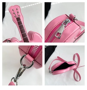 Detailed views of pink guitar bag showing zippers, strap buckles and internal storage