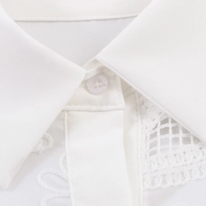 White French style shirt with lapel collar, hidden placket and delicate lace embroidery