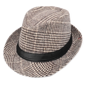 Retro British style plaid fedora jazz hat with black ribbon trim on white background
