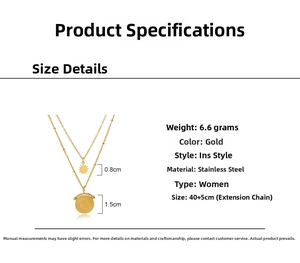 Detail view of 14K gold-plated double-layer necklace showing dimensions and pendant sizes