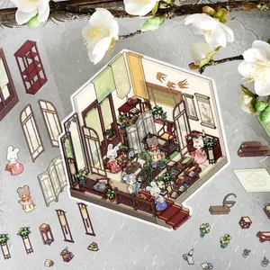 3D Chinese vintage indoor miniature scene stickers with PET material and rabbit characters
