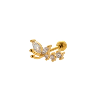 Detail of gold-plated stainless steel screw-back earring with marquise zirconia crystals
