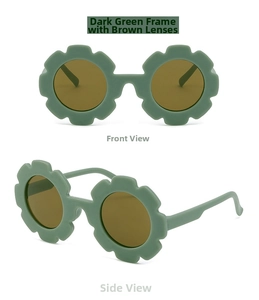 Front and side views of dark green flower shaped sunglasses with brown lenses for kids