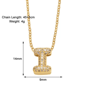 Detail showing dimensions of gold zircon letter I necklace pendant with chain length info