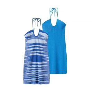 Sexy knitted halter mini dress set in blue solid and wave patterns for women beach wear