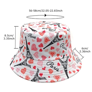 White bucket hat with red heart and Eiffel Tower prints for outdoor sun protection